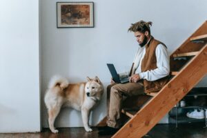 Husky dog stands near the feet of a Black man who is sitting on stairs and typing on a laptop.