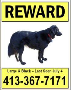 Simple poster with REWARD at the top, a clean picture of a black dog, and the words "Large & Black - Last seen July 4" and a phone number